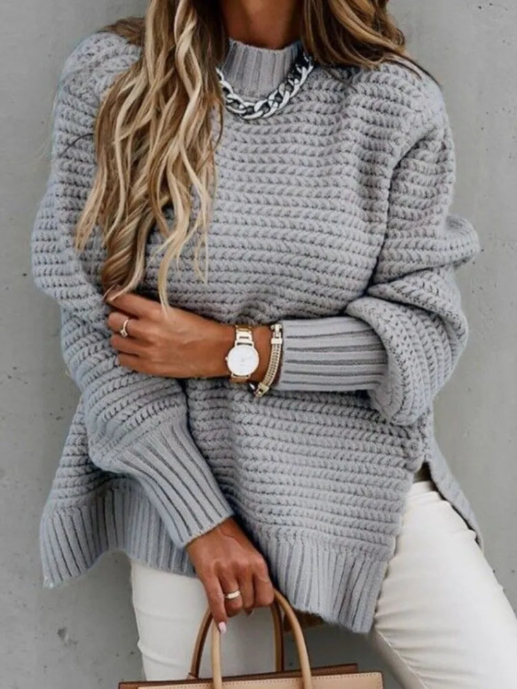 Effen col grof gebreid Pullover met lange mouwen en split