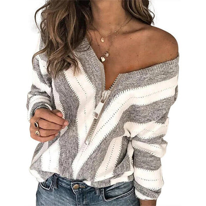 Camilla™ -  Gestreepte top met rits en Luipaard Print