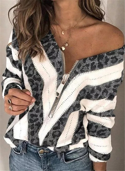 Camilla™ -  Gestreepte top met rits en Luipaard Print
