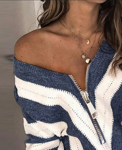 Camilla™ -  Gestreepte top met rits en Luipaard Print